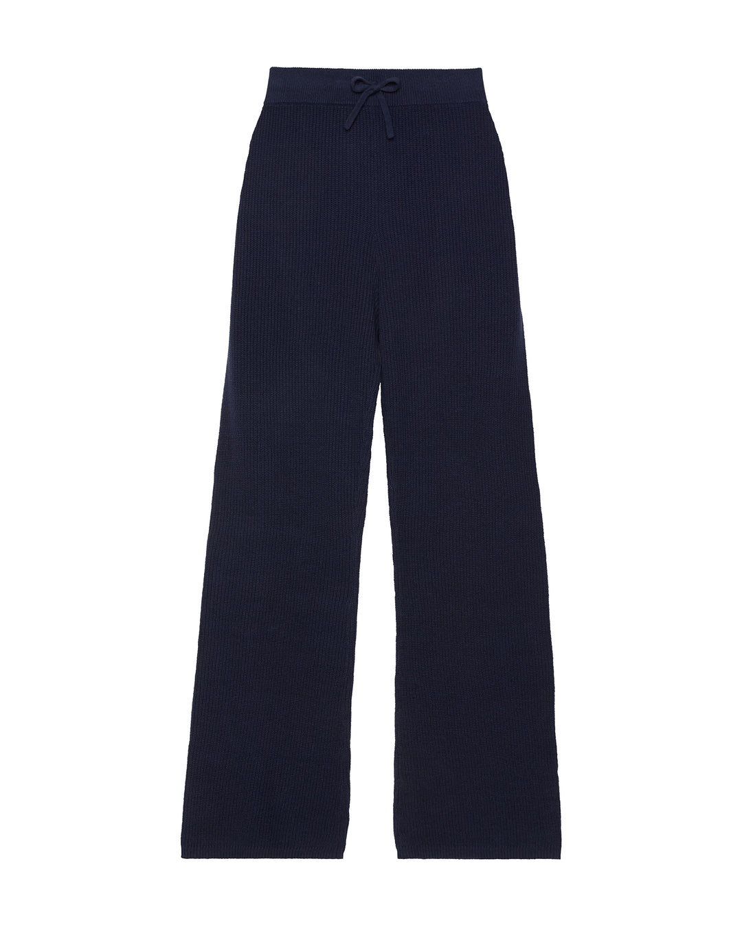Navy blue wide-leg sweater trousers with an elastic waistband and a matching drawstring, shown flat on a white background. Adeline Knit Set in Navy by Ellsworth + Ivey.