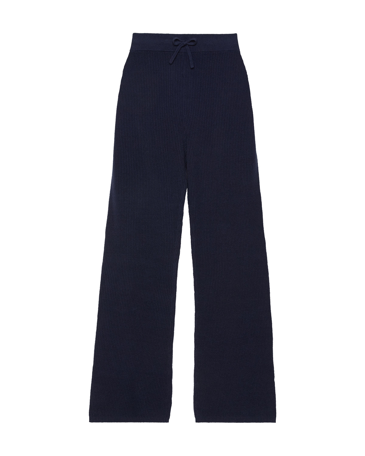 Navy blue wide-leg sweater trousers with an elastic waistband and a matching drawstring, shown flat on a white background. Adeline Knit Set in Navy by Ellsworth + Ivey.