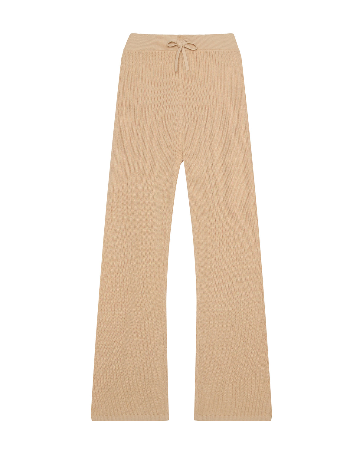 A pair of wide-leg knit women's pants in a light tan beige color, featuring an elastic waistband with a matching drawstring, shown against a plain white background. Adeline Knit Set in Sand by Ellsworth + Ivey.