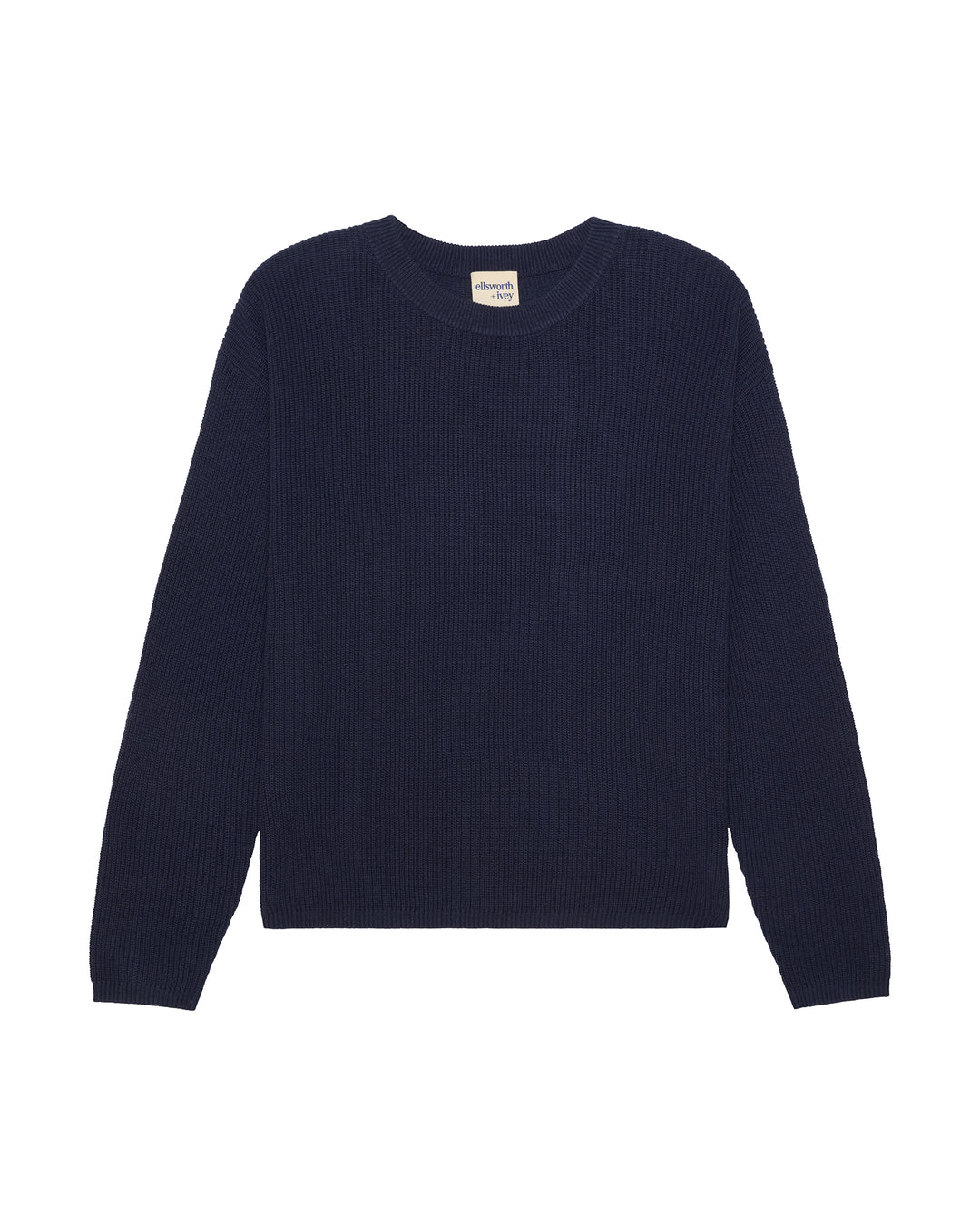 A dark navy blue ribbed knit crewneck sweater with long sleeves, displayed flat against a plain white background. Adeline Knit Set in Navy by Ellsworth + Ivey.