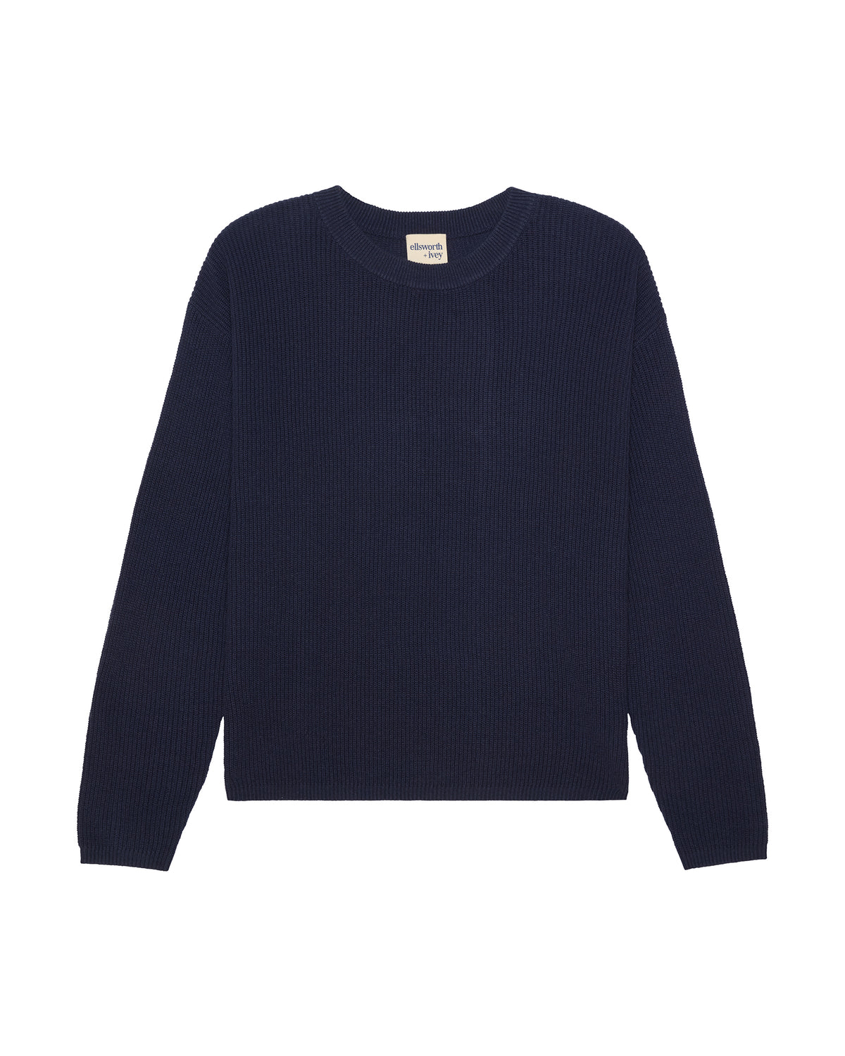 A dark navy blue ribbed knit crewneck sweater with long sleeves, displayed flat against a plain white background. Adeline Knit Set in Navy by Ellsworth + Ivey.