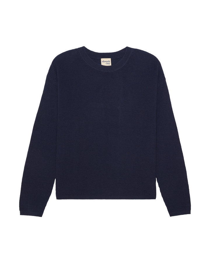 A dark navy blue ribbed knit crewneck sweater with long sleeves, displayed flat against a plain white background. Adeline Knit Set in Navy by Ellsworth + Ivey.
