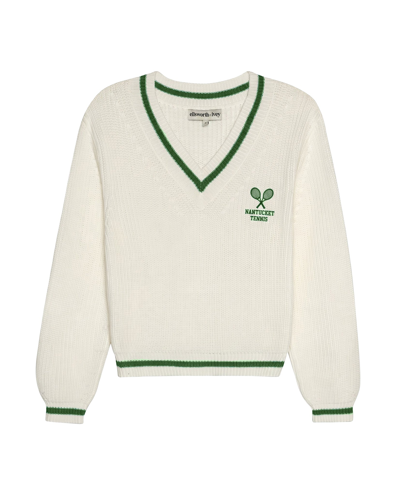 An off-white ivory ribbed knit cropped women's sweater with green trim on a V-neck collar, cuffs, and hem, featuring a green tennis racket graphic and 'Nantucket Tennis' text on the left chest. Brooke Varsity - Nantucket by Ellsworth + Ivey.