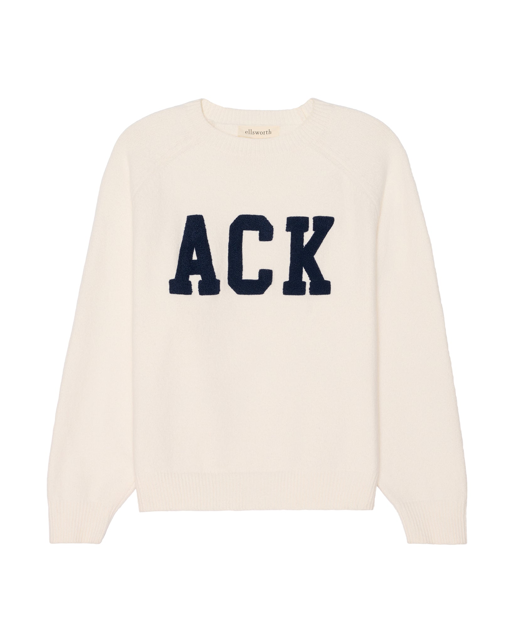 An ivory off-white crewneck women's sweater featuring the word 'ACK' printed across the chest in bold navy blue chenille collegiate block letters, shown against a plain white background.  Campbell Nantucket Sweater by Ellsworth + Ivey.