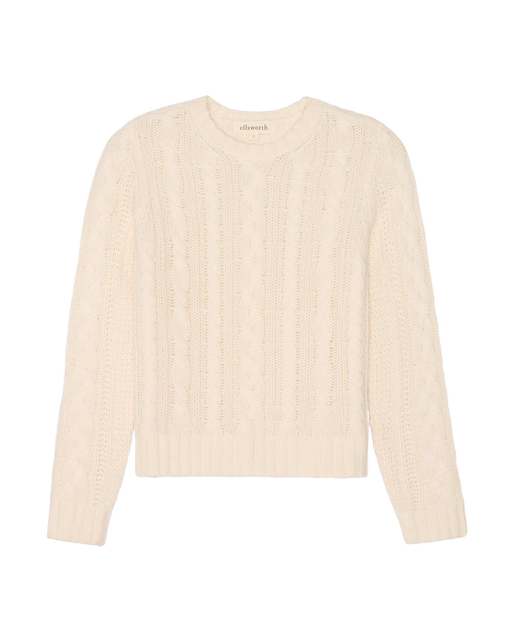 An ivory cream-colored cable-knit crewneck women's sweater with long sleeves, shown flat against a plain white background. Carolina Cable Knit Sweater in Ivory by Ellsworth + Ivey.