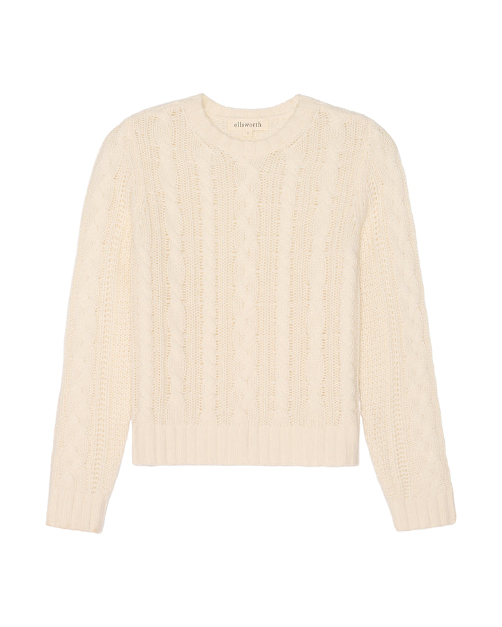 An ivory cream-colored cable-knit crewneck women&