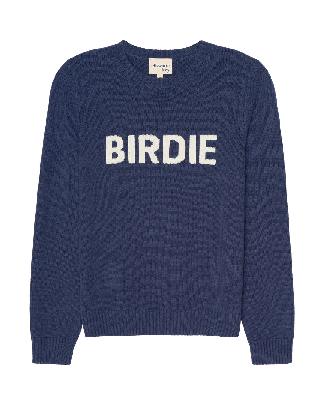 A navy blue crewneck women's sweater with the word 'BIRDIE' knitted in large white letters across the chest, shown against a plain white background. Classic Crew - Birdie by Ellsworth + Ivey.