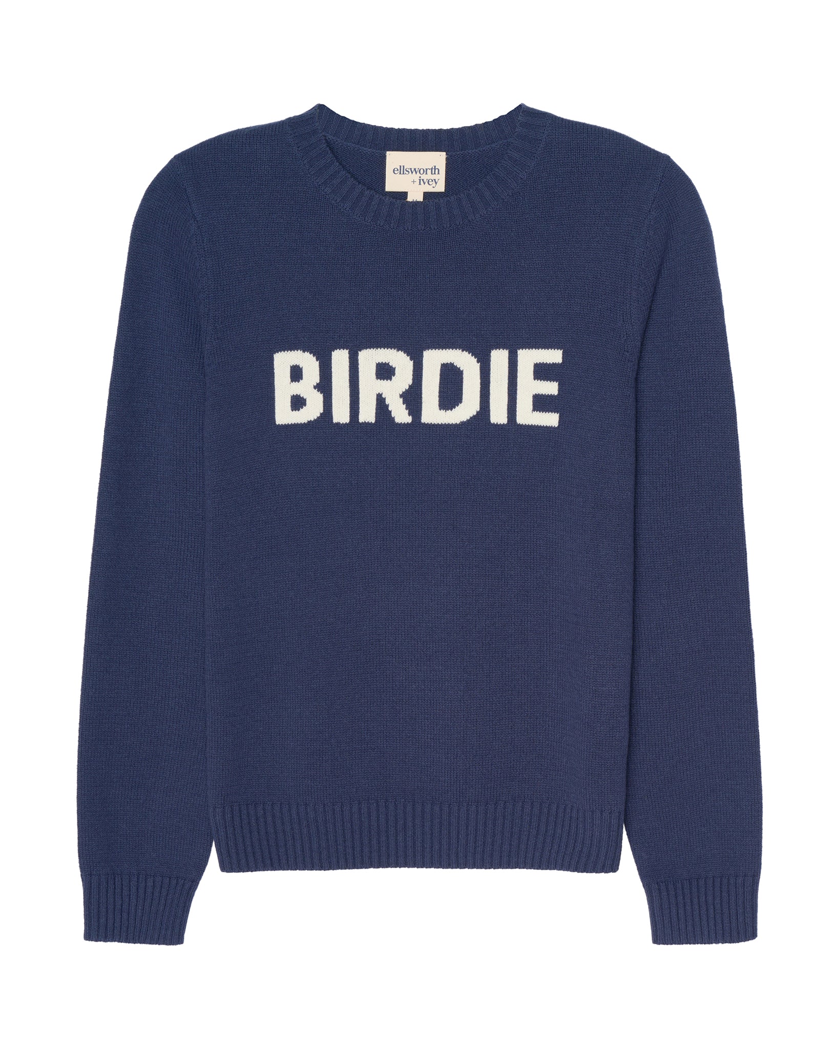 A navy blue crewneck women's sweater with the word 'BIRDIE' knitted in large white letters across the chest, shown against a plain white background. Classic Crew - Birdie by Ellsworth + Ivey.