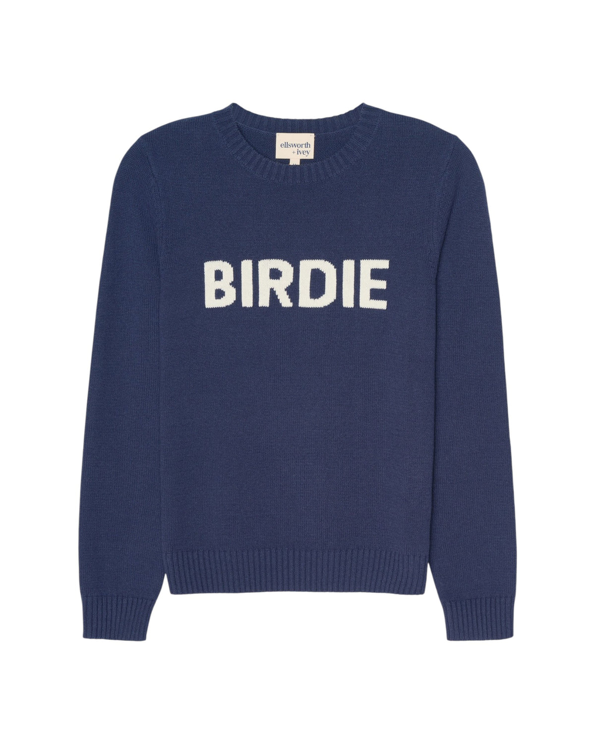 A navy blue crewneck women's sweater with the word 'BIRDIE' knitted in large white letters across the chest, shown against a plain white background. Classic Crew - Birdie by Ellsworth + Ivey.
