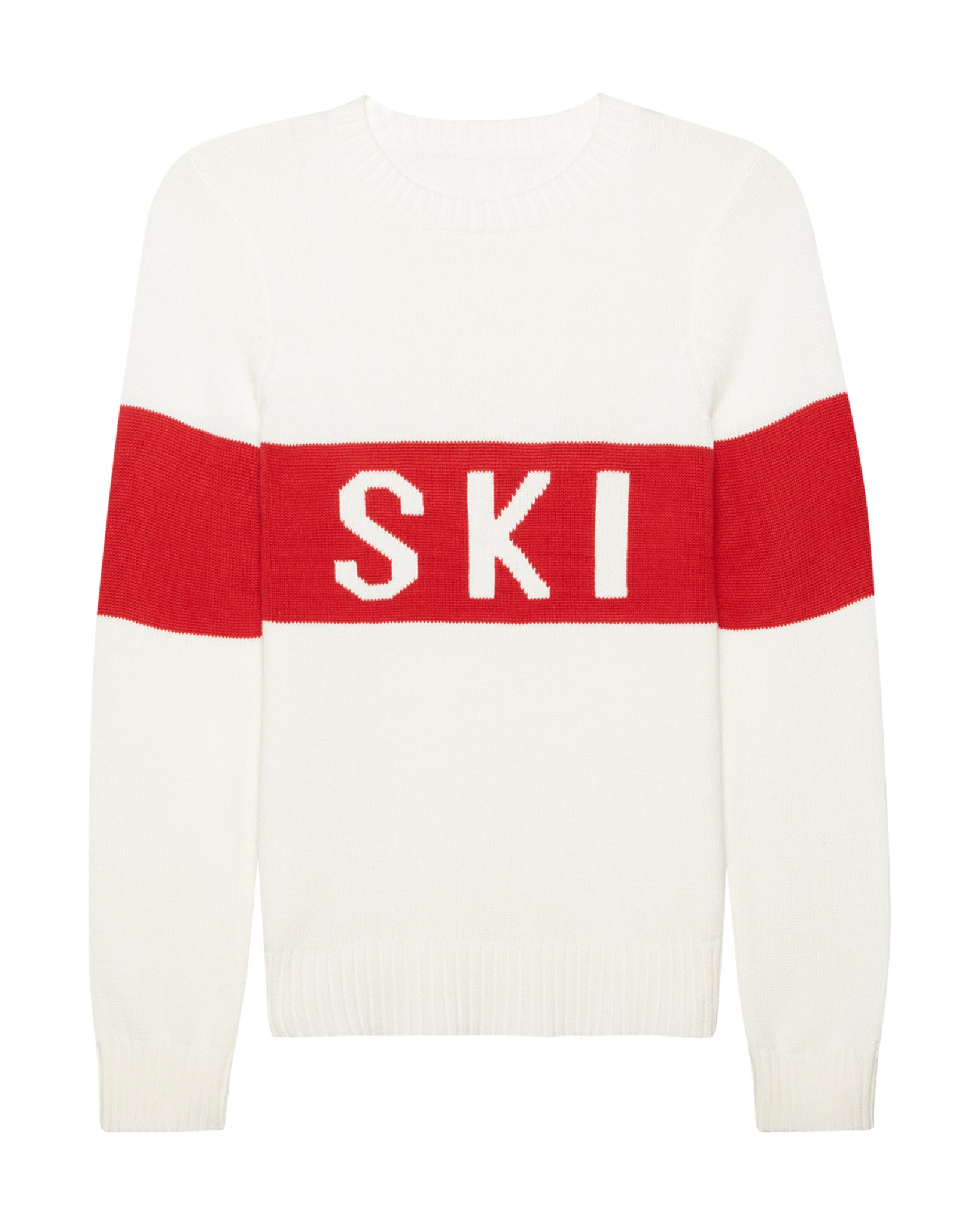 White sweater with a red band featuring the word 'SKI' on a white background.