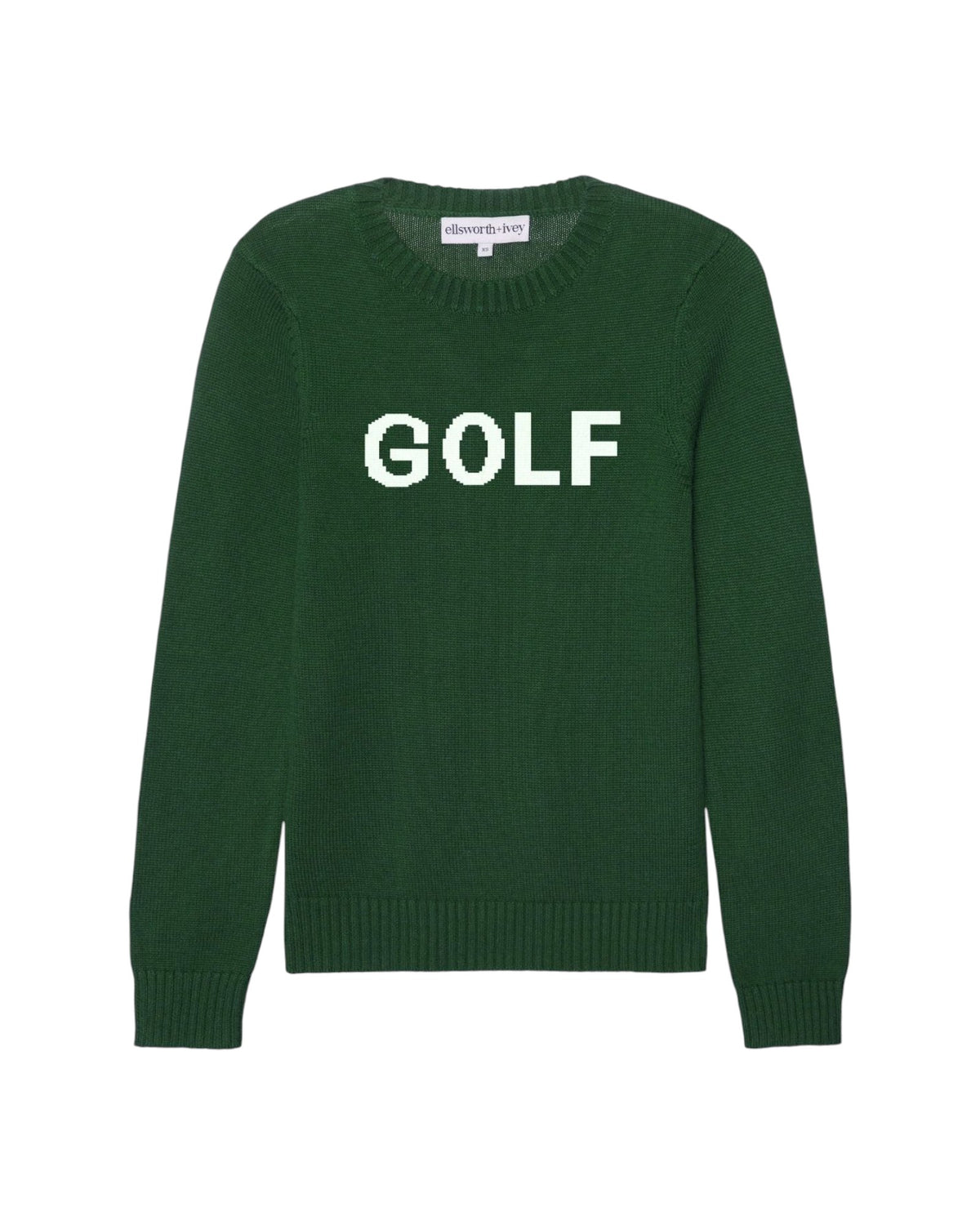 A dark green crewneck sweater with the word 'GOLF' knitted in white across the chest, displayed on a clean white background. Classic Crew Golf in Green/Ivory by Ellsworth + Ivey.