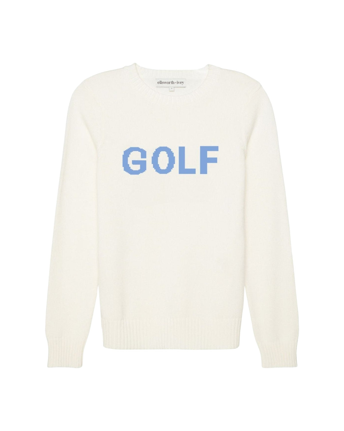 An off-white knit crewneck sweater with the word 'GOLF' knitted in light blue across the chest, displayed on a solid white background. Classic Crew Golf in Ivory/Cornflower by Ellsworth + Ivey.
