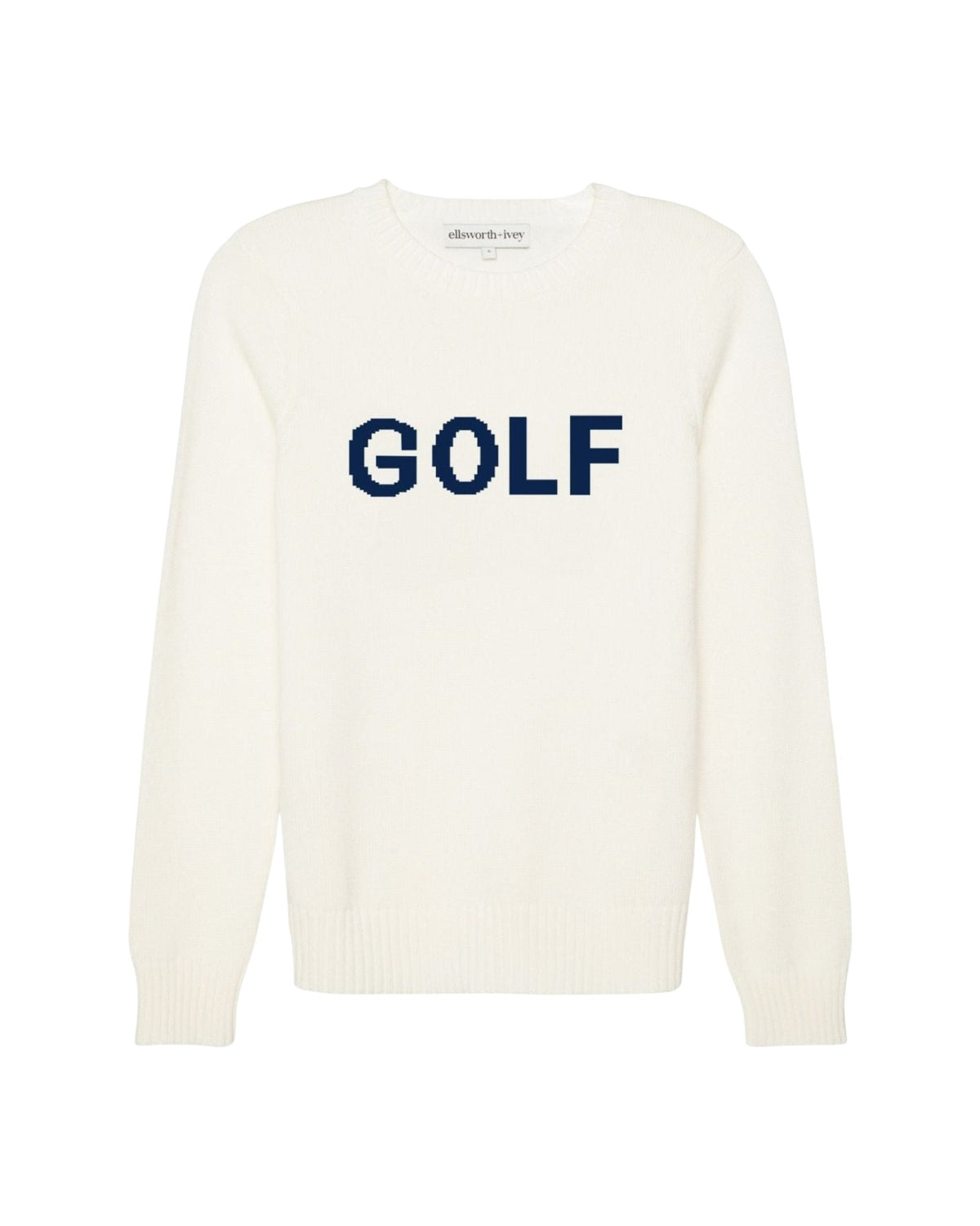 An off-white knit crewneck sweater with the word 'GOLF' printed across the chest in navy blue block letters, shown against a plain white background. Classic Crew Golf in Ivory/Navy by Ellsworth + Ivey.