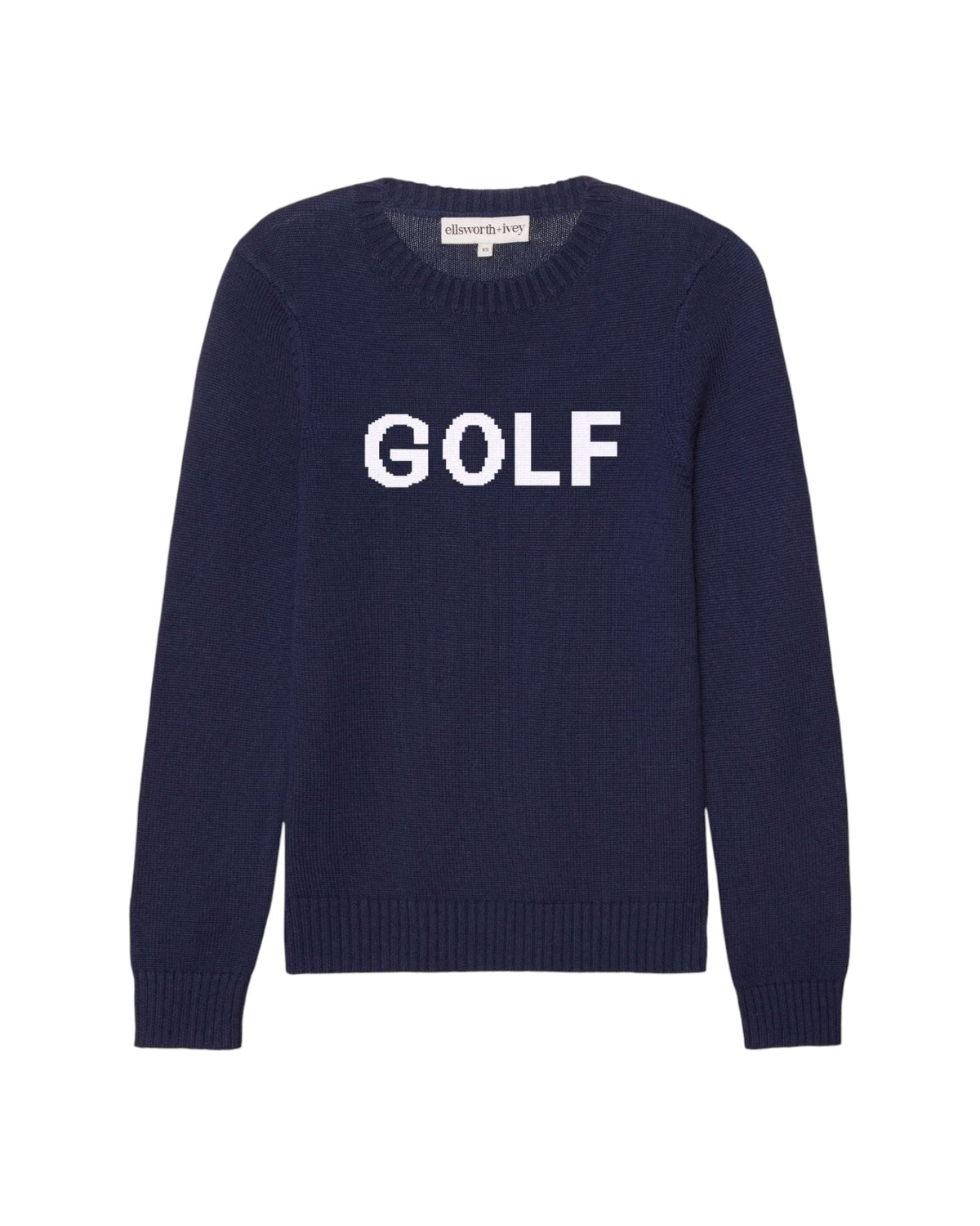 A navy blue knit crewneck sweater with the word 'GOLF' knitted in white across the chest, displayed on a clean white background. Classic Crew Golf in Navy/Ivory by Ellsworth + Ivey.