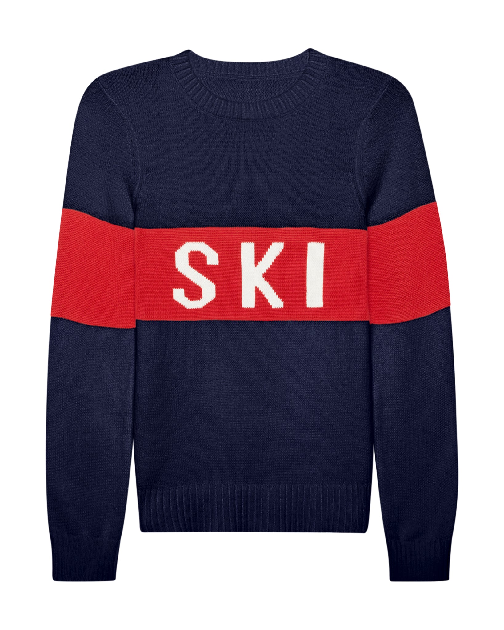 Navy sweater with red section displaying the word 'SKI' on a white background. Classic Crew Sweater- Ski in Navy by Ellsworth + Ivey.