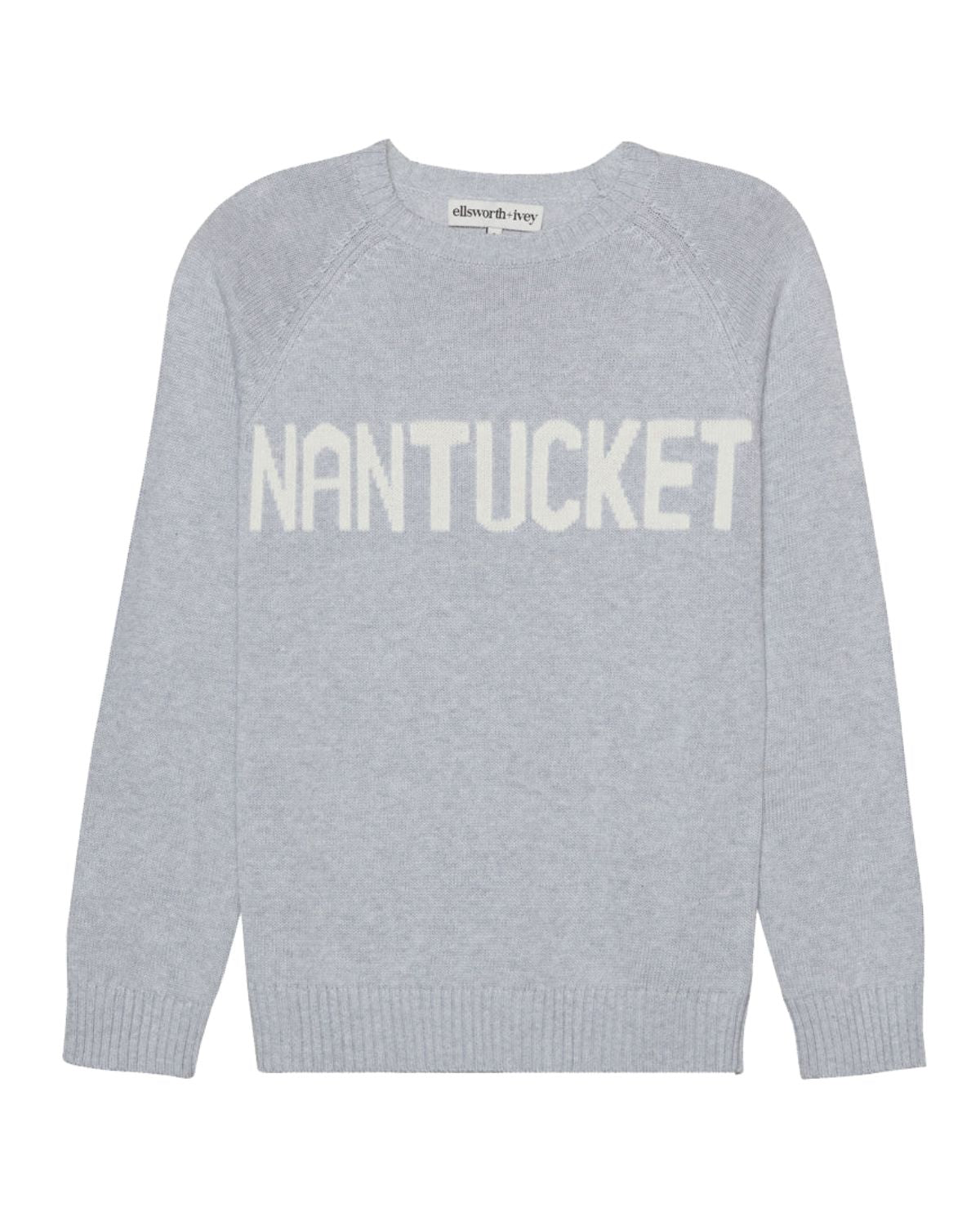 A light gray knit crewneck sweater with 'NANTUCKET' printed across the chest in a contrasting cream-colored serif font, shown against a plain white background. Classic Crew Sweater- Nantucket by Ellsworth + Ivey.