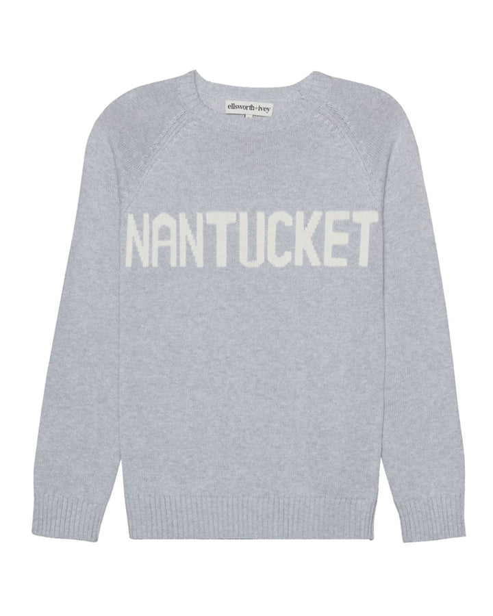 A light gray knit crewneck sweater with &