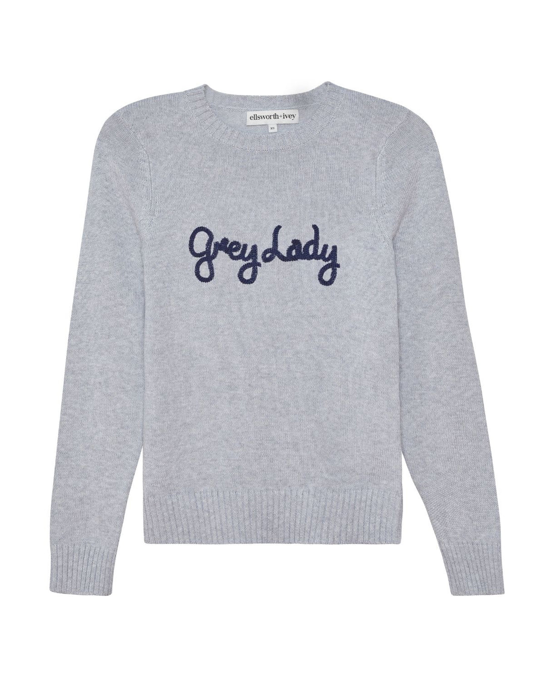 A light gray heather knit sweater with 'Grey Lady' embroidered in navy blue script across the chest, shown on a plain white background. Classic Crew Sweater- Grey Lady by Ellsworth + Ivey.