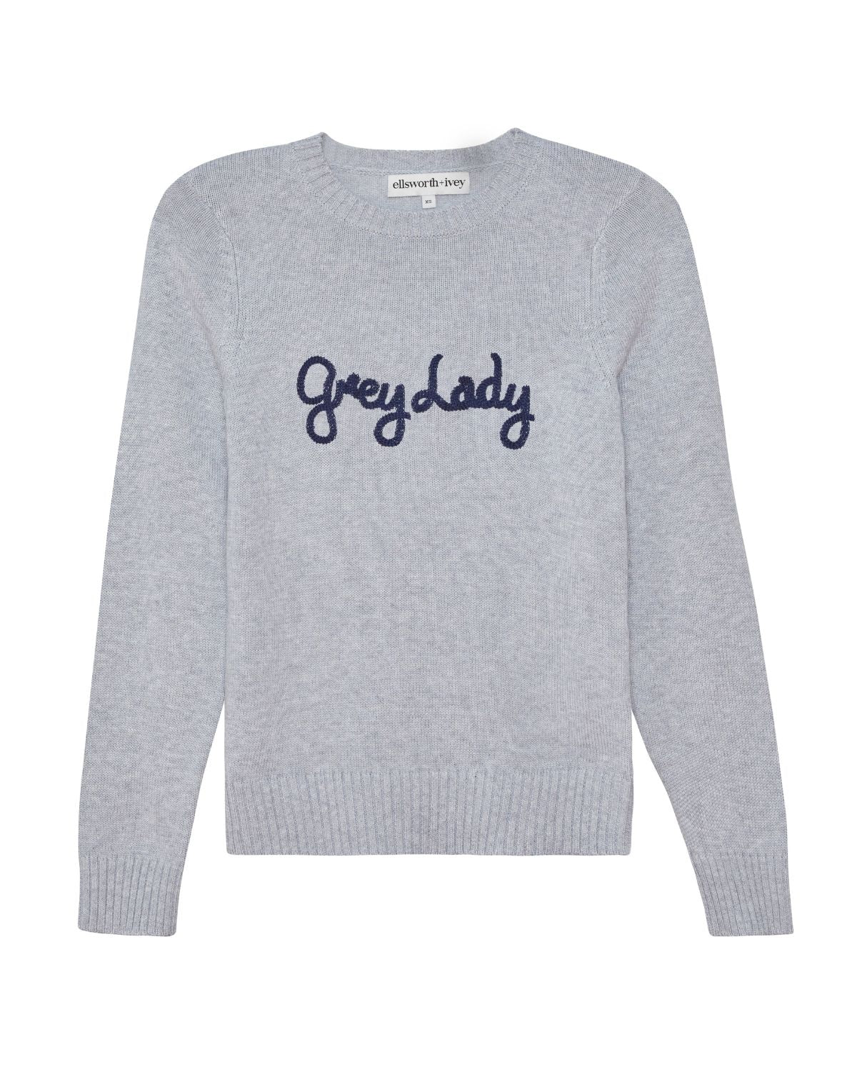 A light gray heather knit sweater with 'Grey Lady' embroidered in navy blue script across the chest, shown on a plain white background. Classic Crew Sweater- Grey Lady by Ellsworth + Ivey.