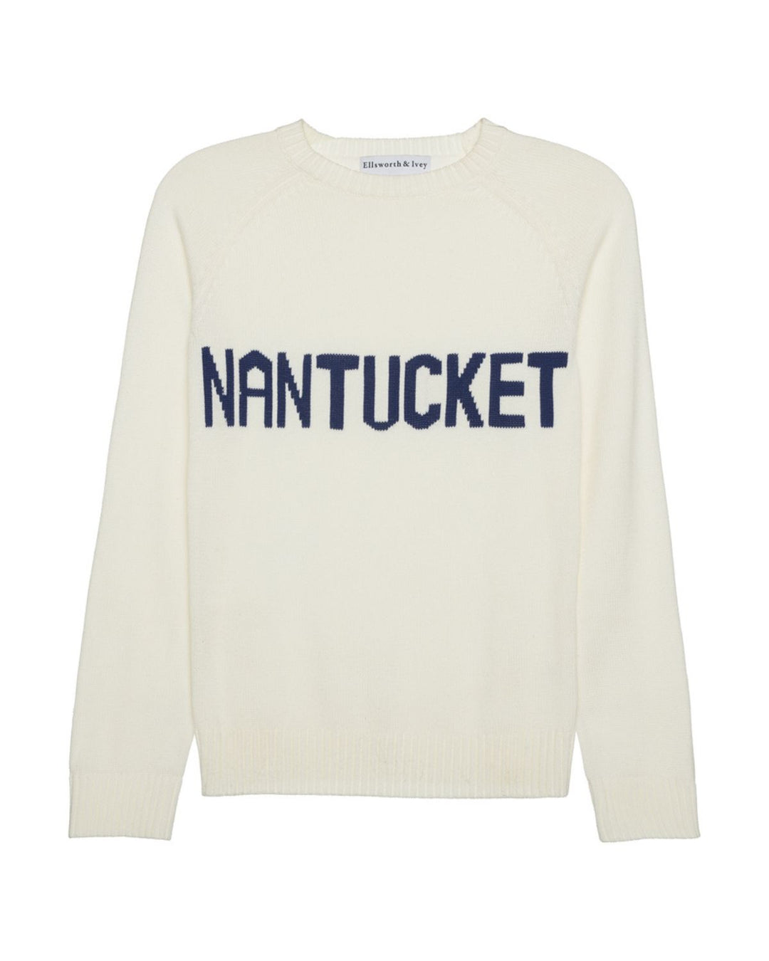 An ivory off-white long-sleeve crewneck sweater with &