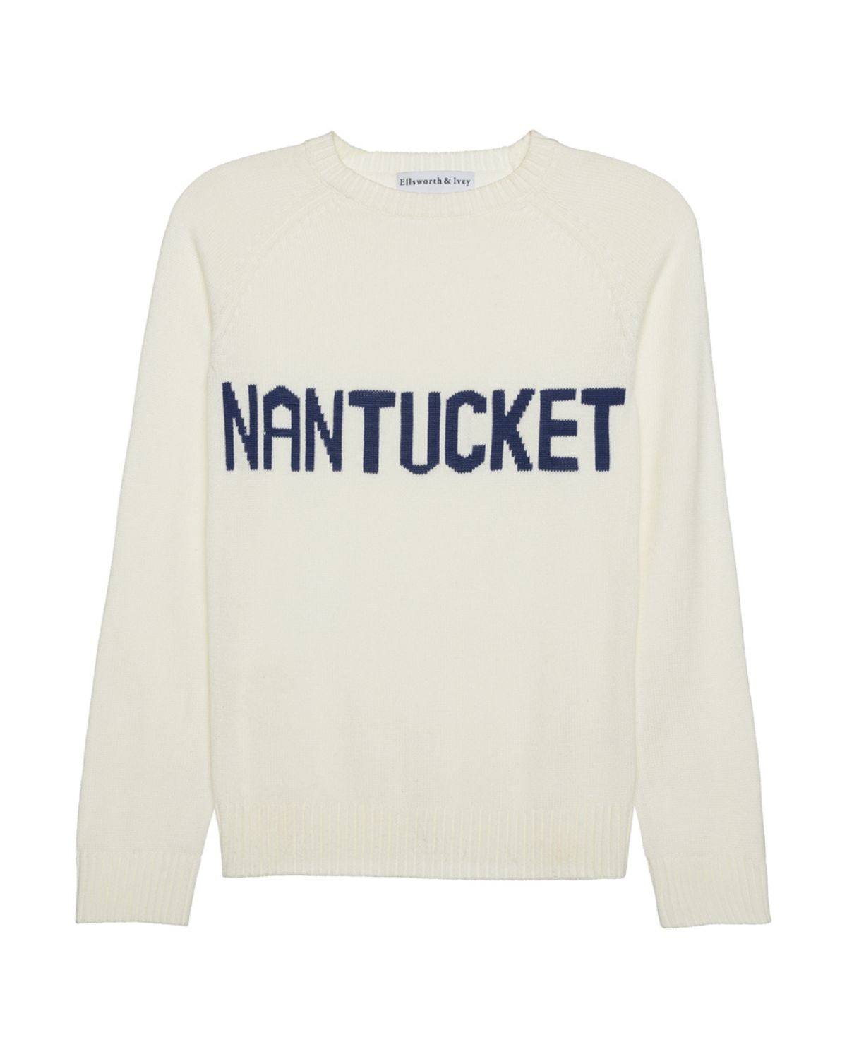 An ivory off-white long-sleeve crewneck sweater with 'NANTUCKET' printed across the chest in navy blue block letters, shown against a plain white background.Classic Crew Sweater- Nantucket by Ellsworth + Ivey.