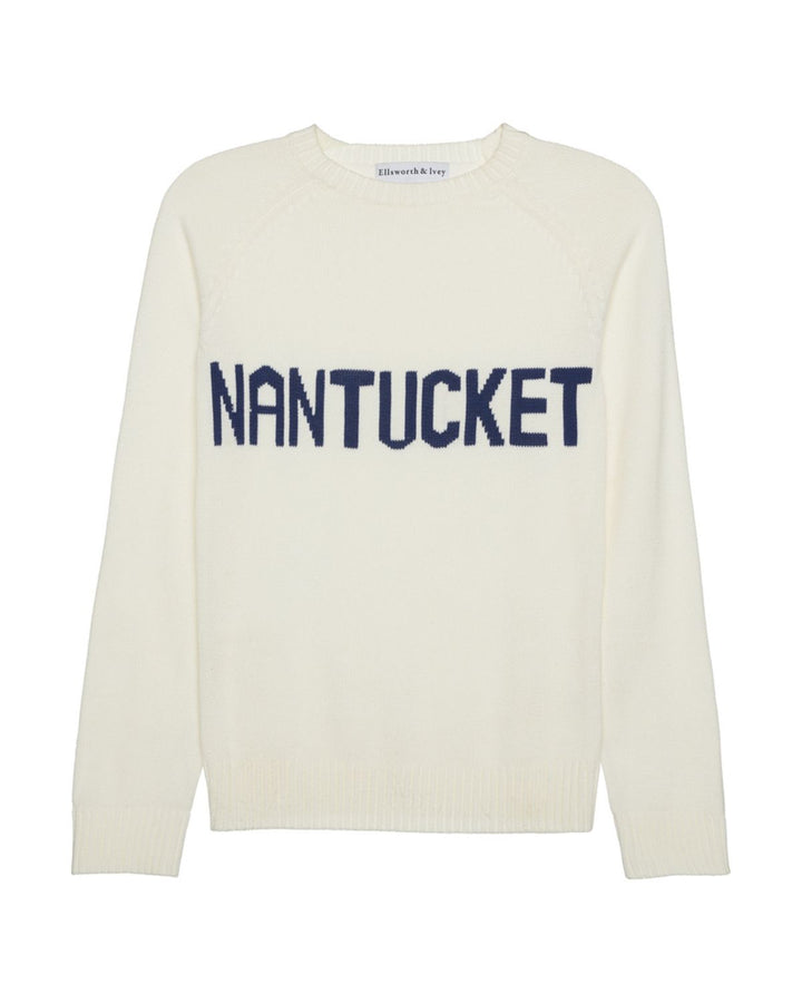 An ivory off-white long-sleeve crewneck sweater with &