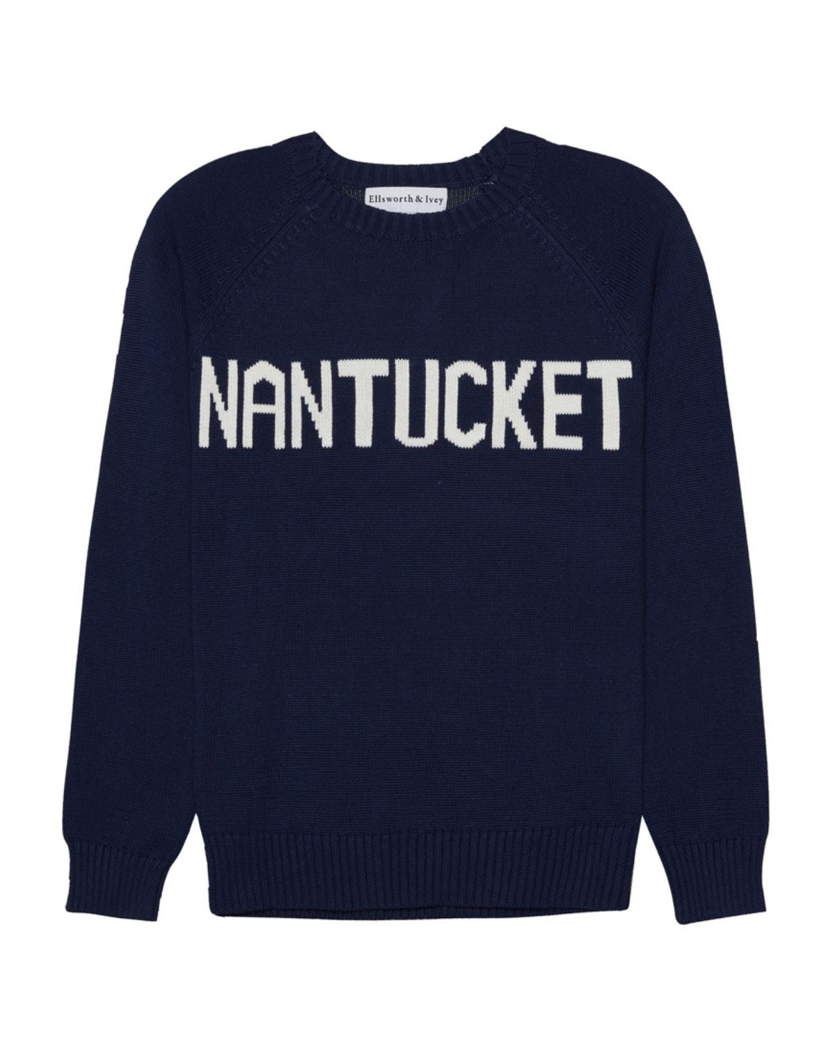 A navy blue knit sweater with 'NANTUCKET' written across the chest in large white letters, shown against a plain white background. Classic Crew Sweater- Nantucket by Ellsworth + Ivey.
