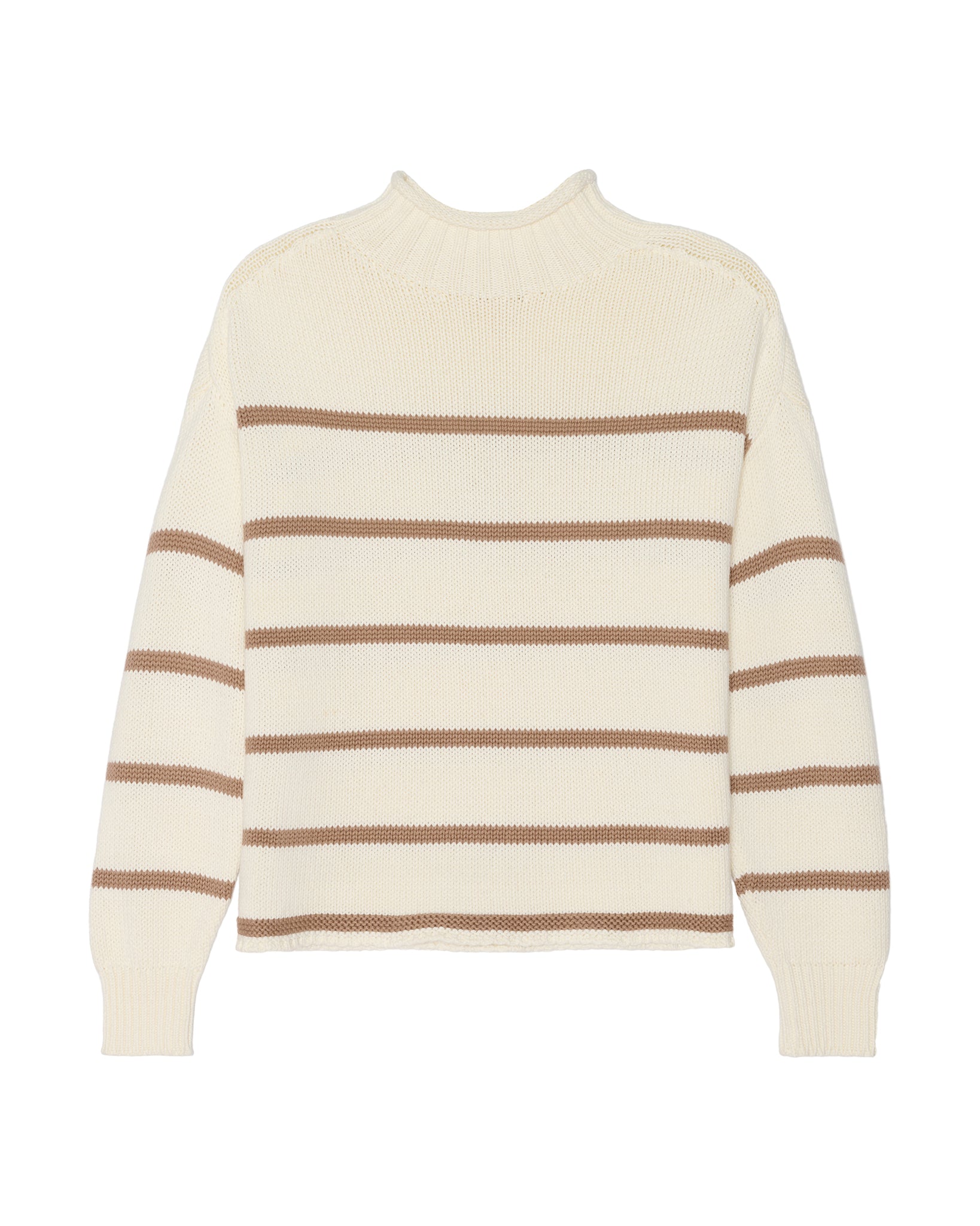 A cream-colored mock neck knit women's sweater with horizontal mocha brown stripes, displayed against a solid white background. Cornelia Mock Neck Sweater in Ivory by Ellsworth + Ivey. 