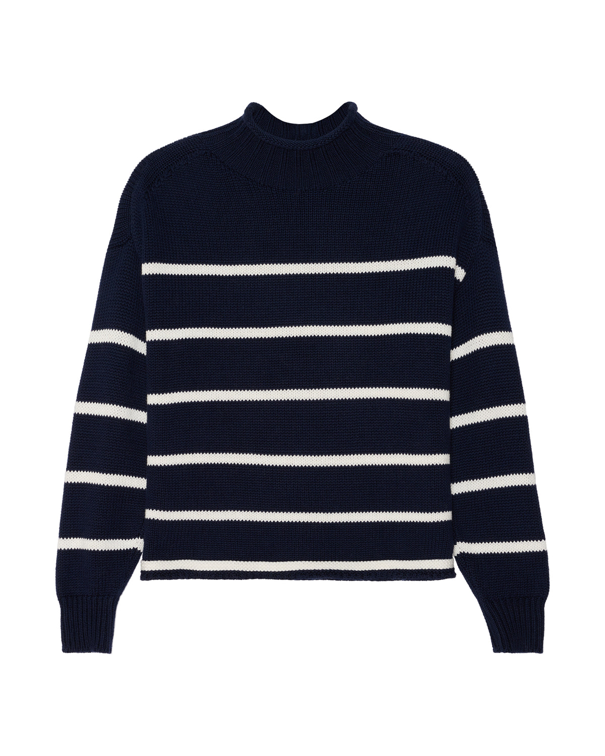 A navy blue mock neck knit women's sweater with horizontal white stripes, featuring a mock neck and long sleeves, shown against a plain white background. Cornelia Mock Neck Sweater in Navy by Ellsworth + Ivey.