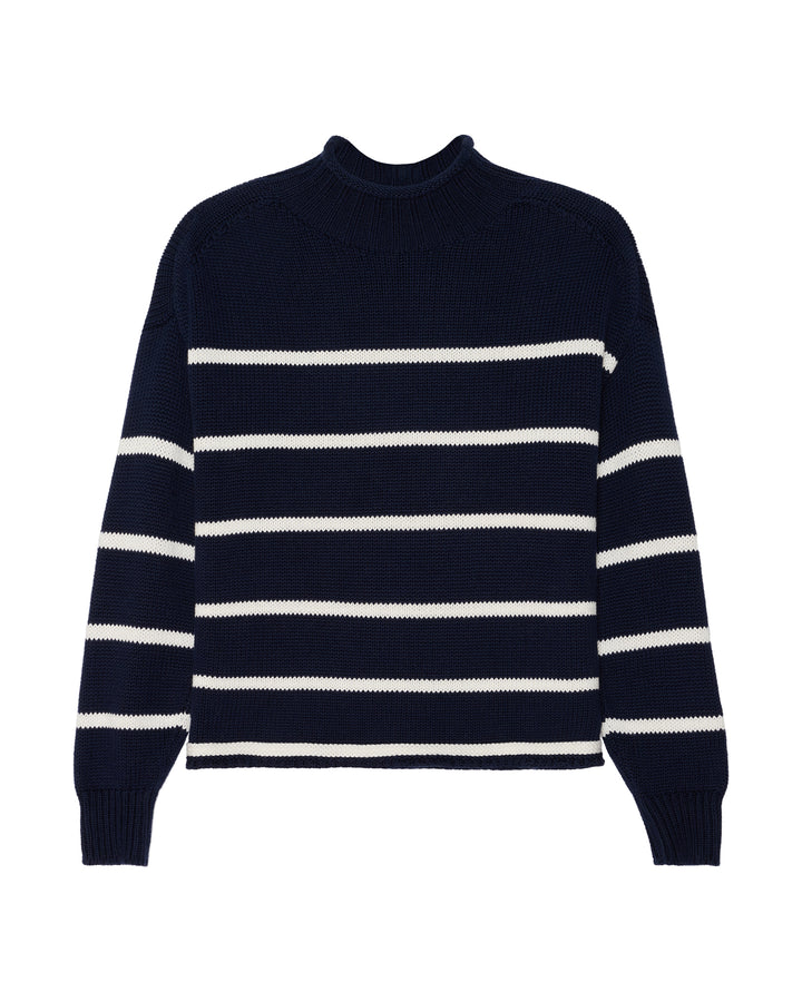 A navy blue mock neck knit women&