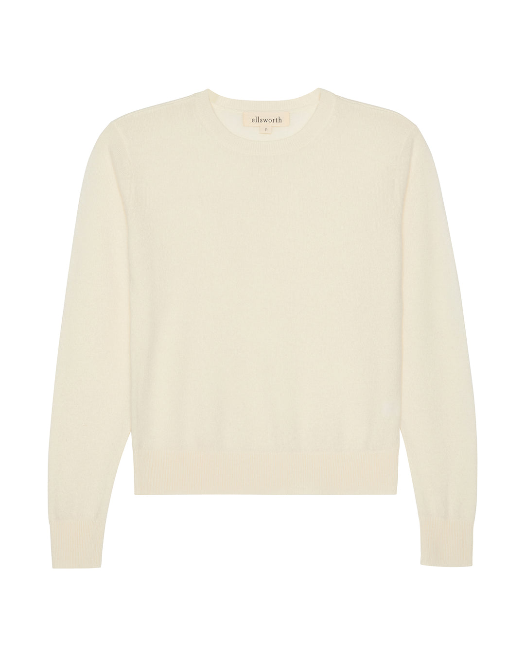 Ivory cream colored crewneck women's cashmere sweater on a white background. Daphne Crew in Ivory by Ellsworth + Ivey.