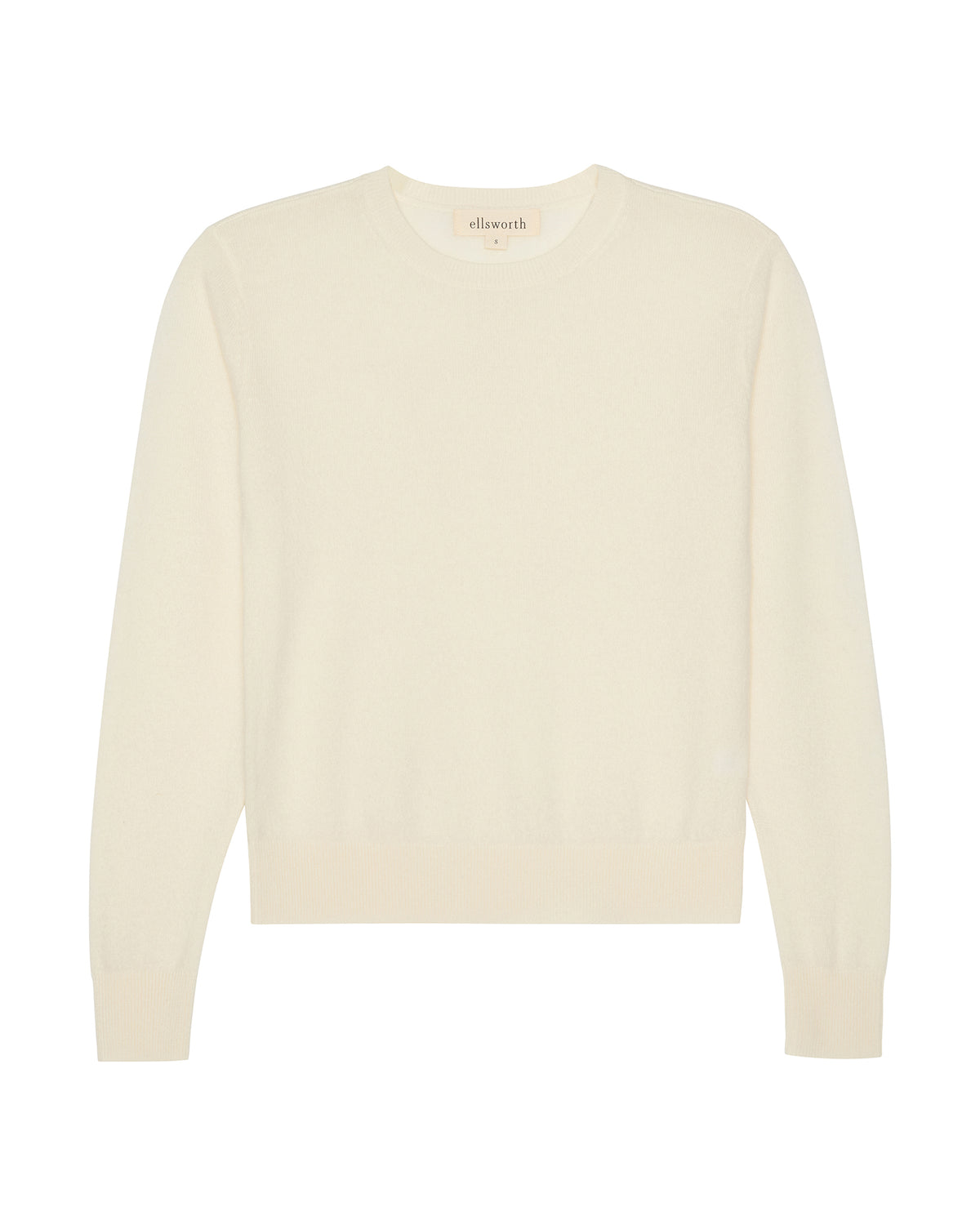 Ivory cream colored crewneck women's cashmere sweater on a white background. Daphne Crew in Ivory by Ellsworth + Ivey.