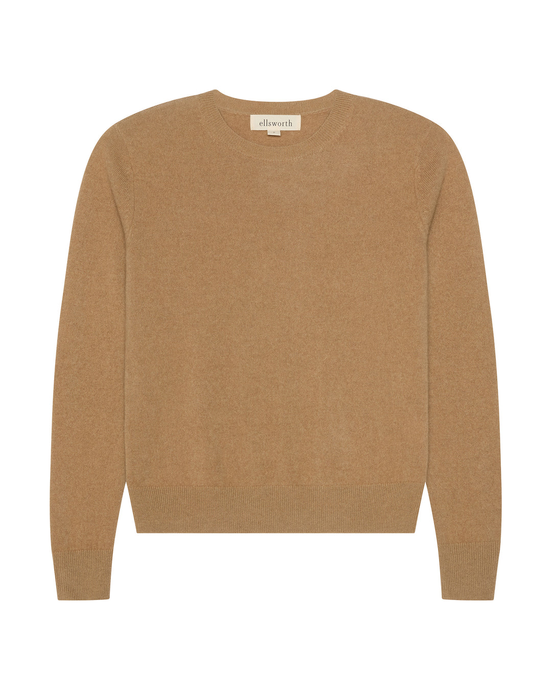 A classic mocha tan brown crewneck cashmere knit women's sweater in a warm camel tan color, shown flat against a solid white background.  Daphne Crew in Mocha by Ellsworth  Ivey.