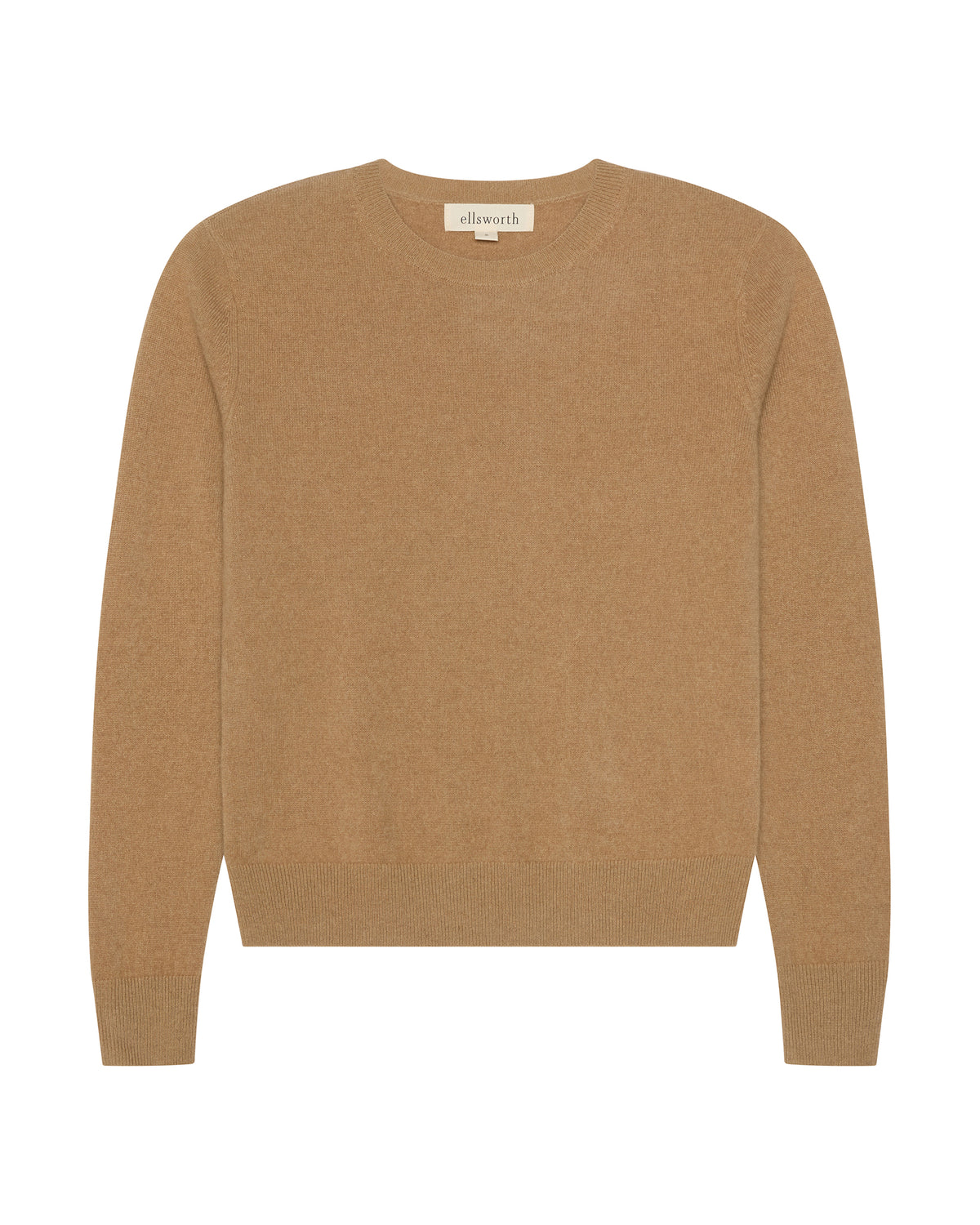 A classic mocha tan brown crewneck cashmere knit women's sweater in a warm camel tan color, shown flat against a solid white background.  Daphne Crew in Mocha by Ellsworth  Ivey.