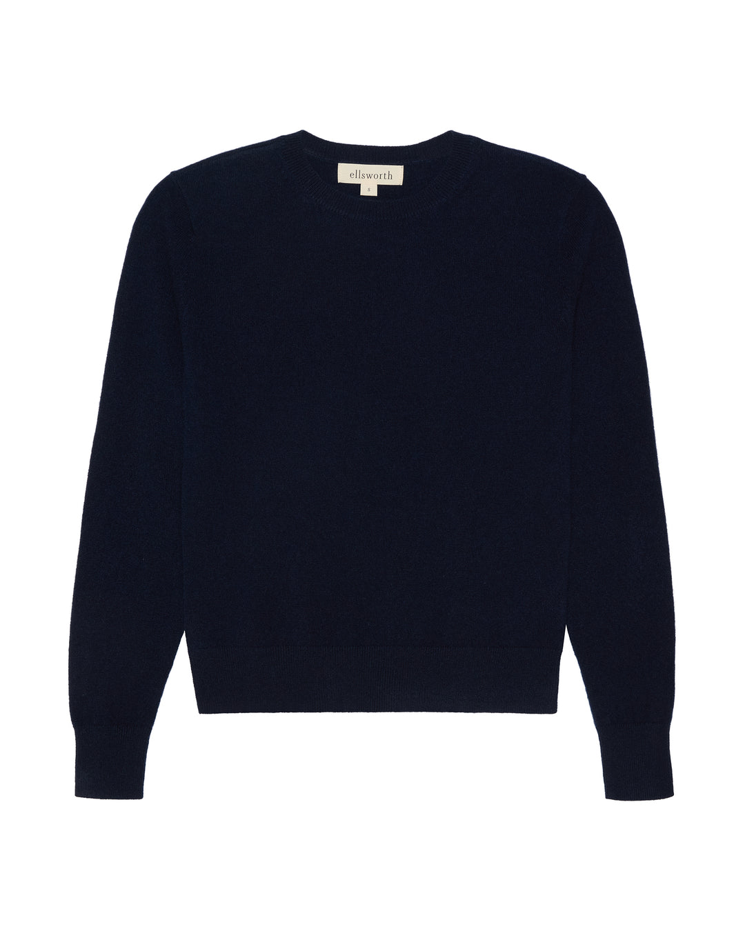 A dark navy blue women's cashmere crewneck sweater with long sleeves, shown flat against a plain white background. Daphne Crew in Navy by Ellsworth + Ivey. 
