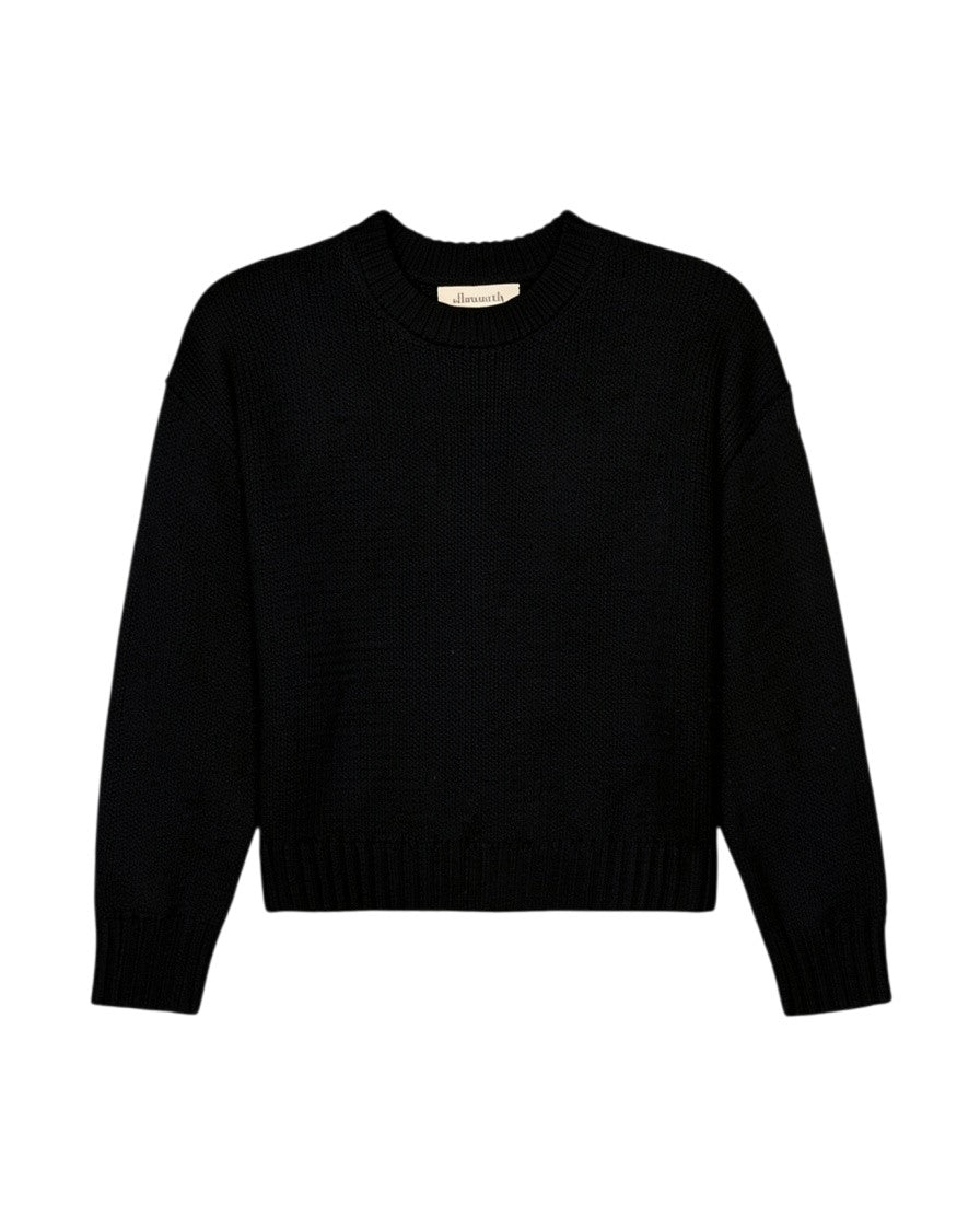 A black long-sleeve knit womens crewneck sweater displayed flat against a solid white background. Elena Crew in Black by Ellsworth + Ivey.