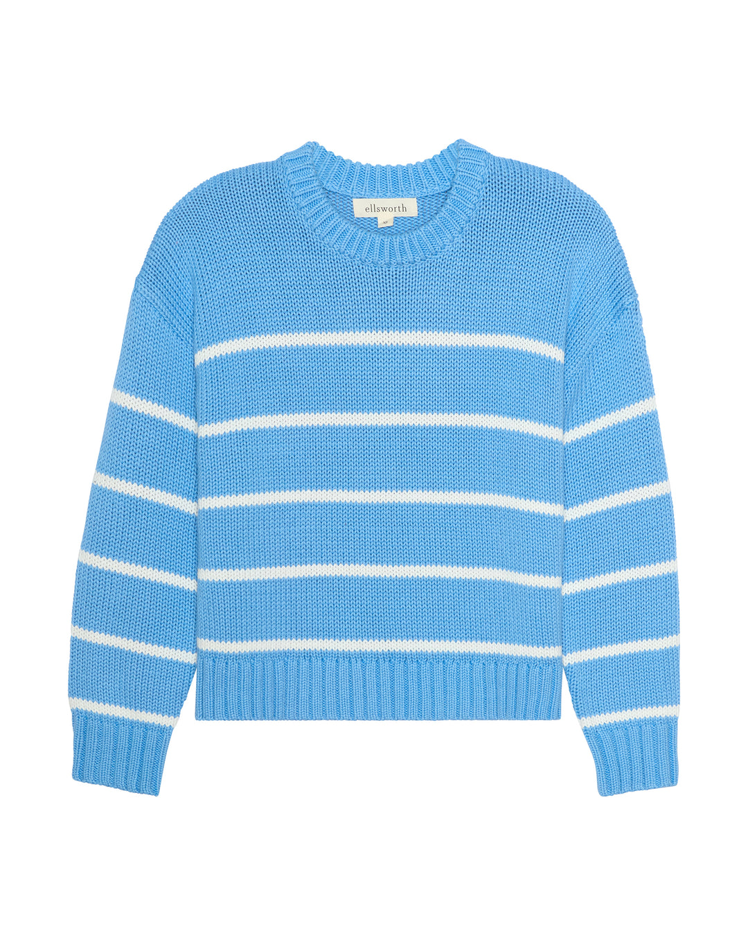 A blue knit sweater with horizontal ivory white stripes, featuring a crew neck and ribbed cuffs and hem, shown against a plain white background. Elena Crew Sweater in Cornflower Blue/ Ivory by Ellsworth + Ivey.