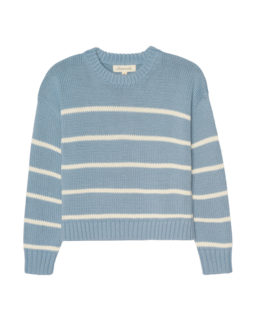 A light blue knit crewneck women's sweater with horizontal ivory cream stripes, displayed flat against a solid white background. Elena Crew Sweater in Denim/Ivory by Ellsworth + Ivey.