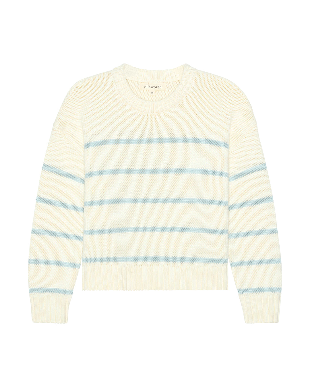 An ivory cream-colored knit women's sweater with light blue horizontal stripes, displayed flat against a solid white background. Elena Crew Sweater in Ivory/Light Blue by Ellsworth + Ivey.