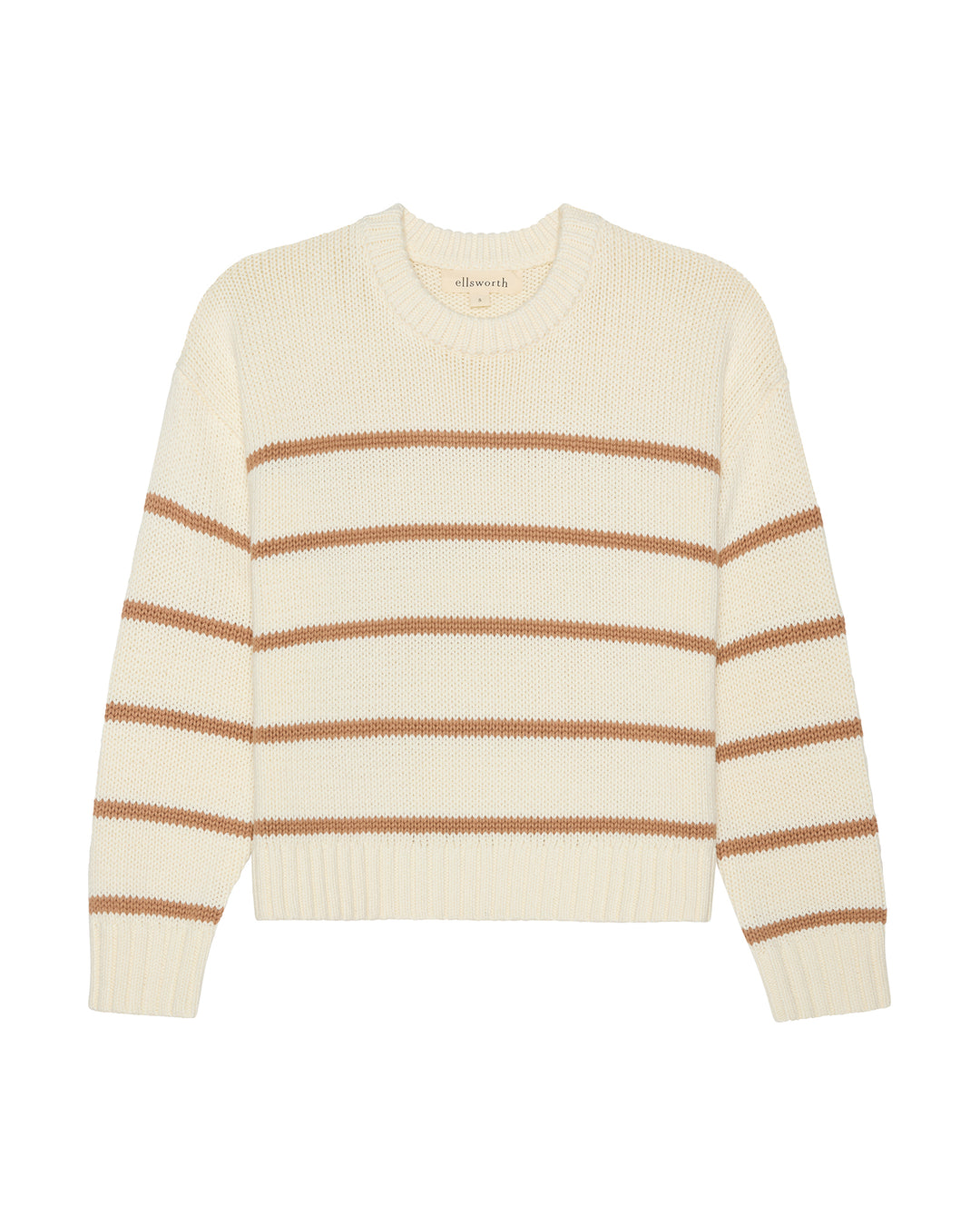 An ivory off-white knit women's sweater with horizontal brown stripes, displayed flat against a solid white background. Elena Crew Sweater in Ivory/Mocha by Ellsworth + Ivey.