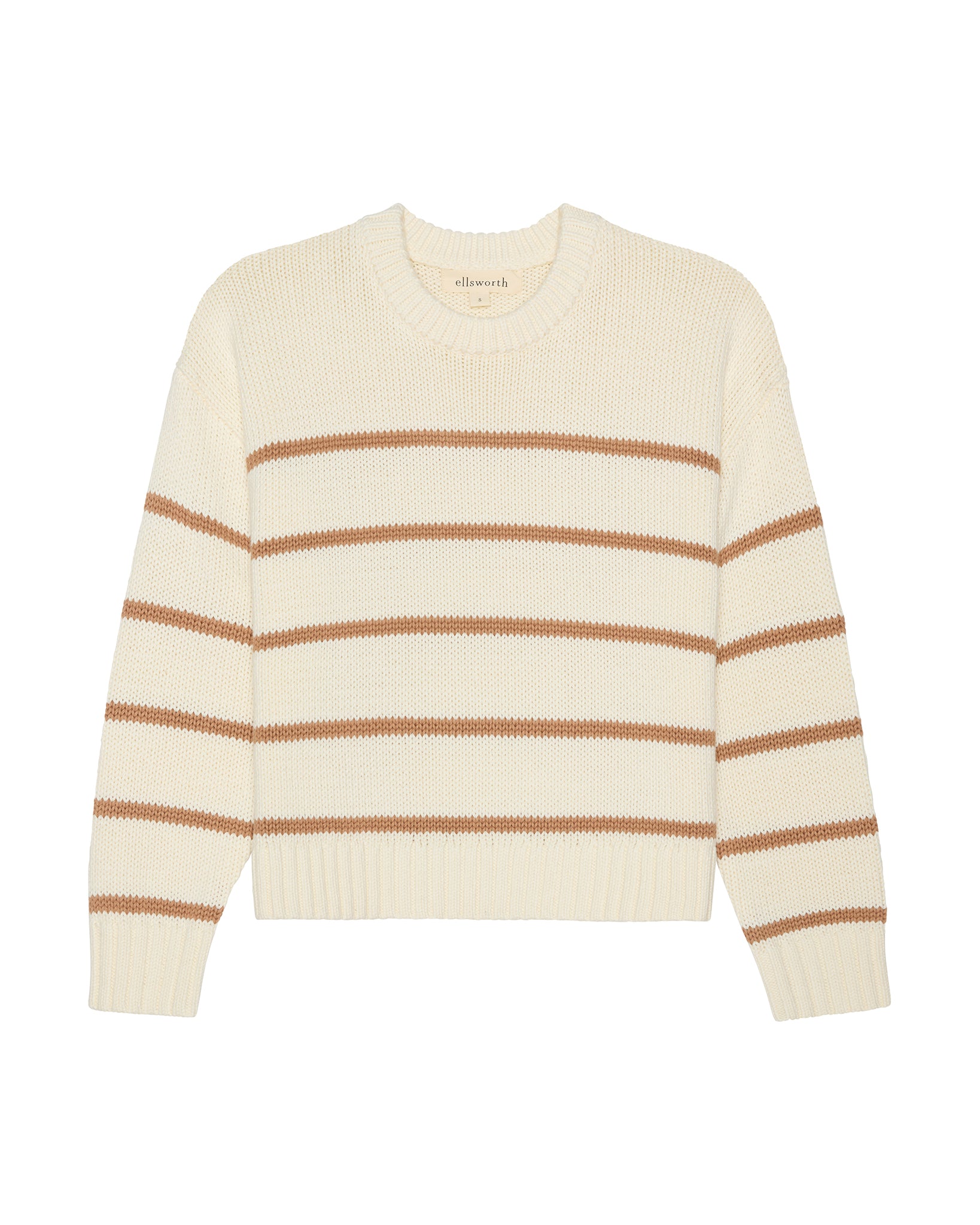 An ivory off-white knit women's sweater with horizontal brown stripes, displayed flat against a solid white background. Elena Crew Sweater in Ivory/Mocha by Ellsworth + Ivey.