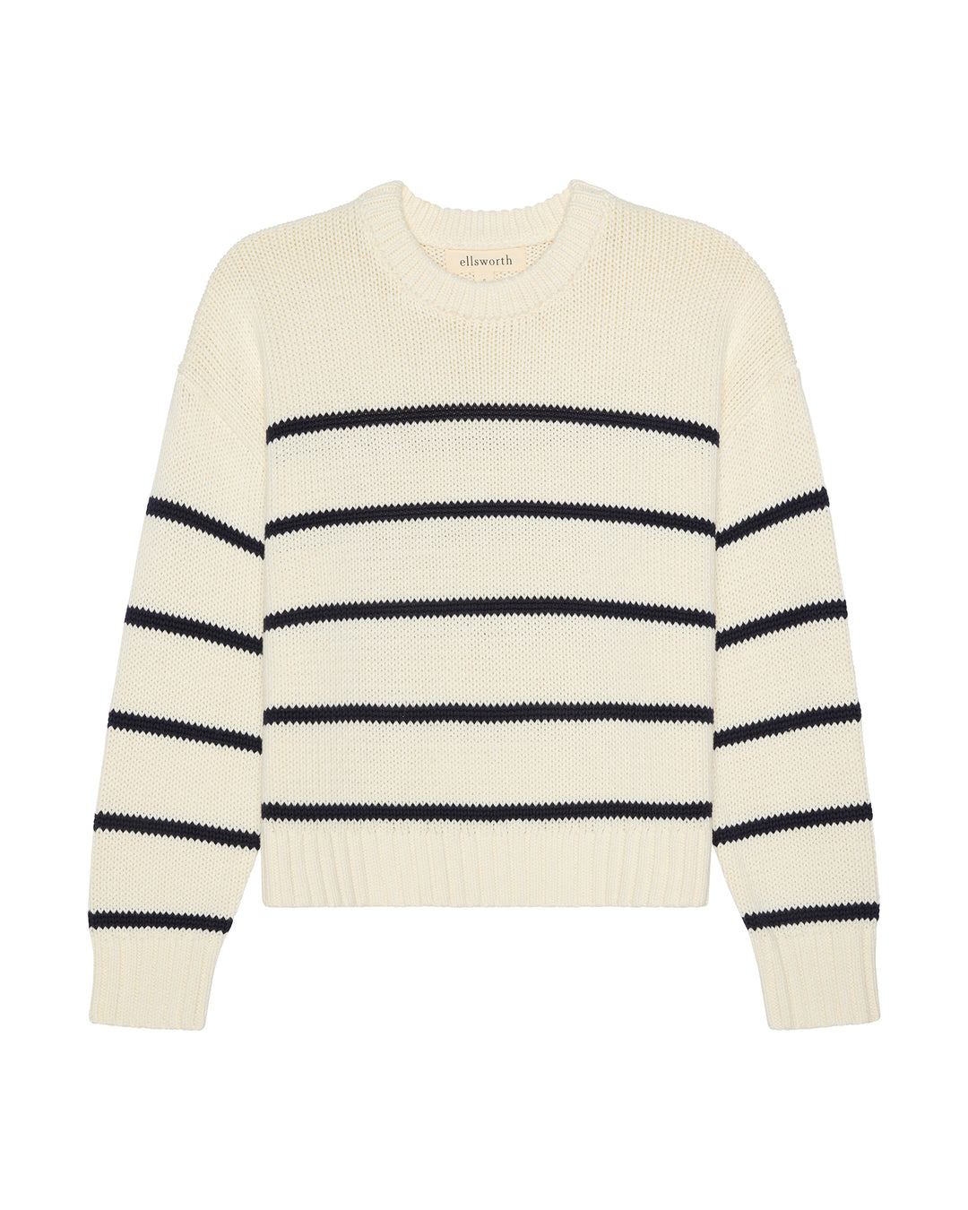 An ivory off-white knit women's crewneck sweater with horizontal navy stripes across the chest and sleeves, shown flat on a white background. Elena Crew Sweater in Ivory/Navy by Ellsworth + Ivey.