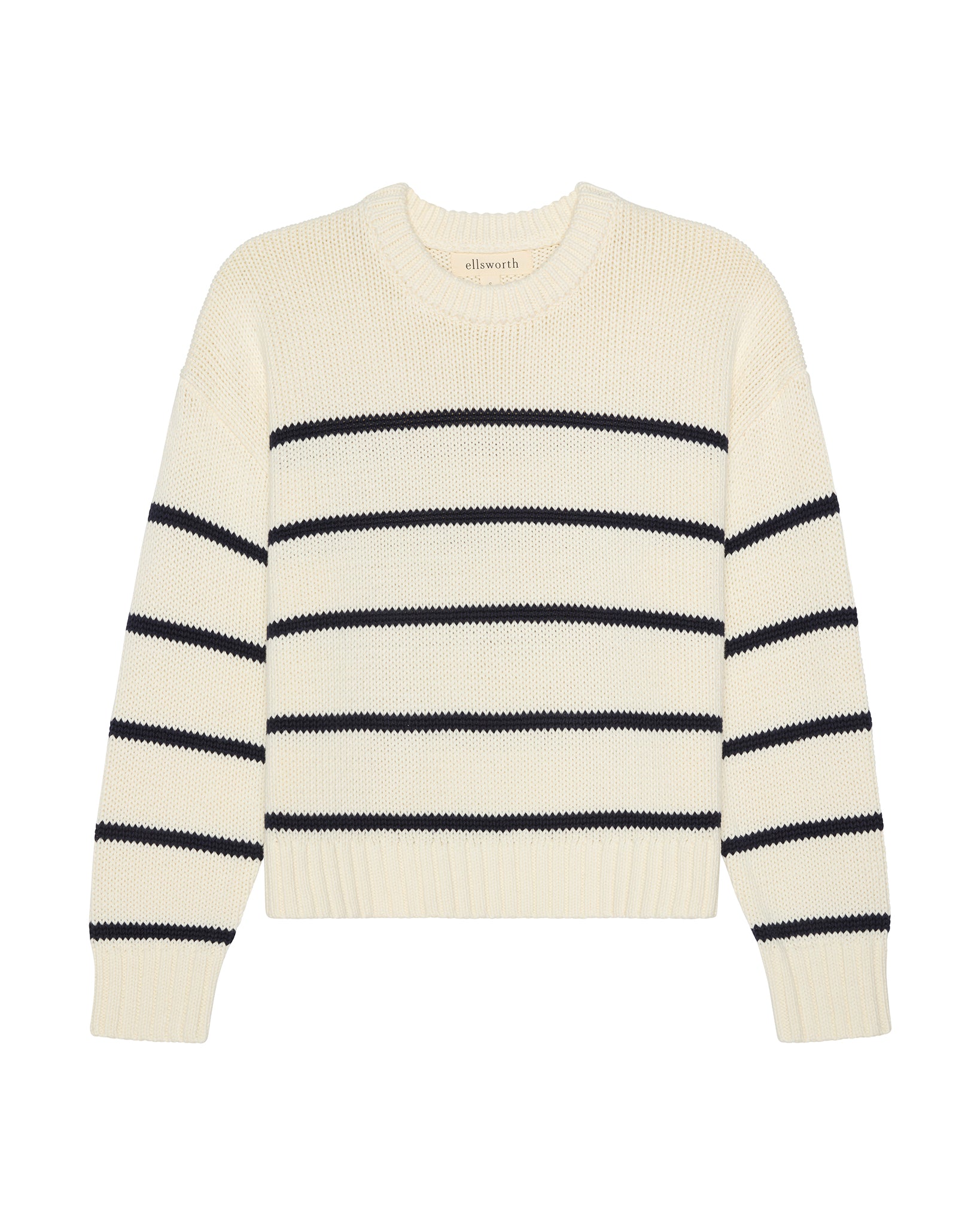An ivory off-white knit women's crewneck sweater with horizontal navy stripes across the chest and sleeves, shown flat on a white background. Elena Crew Sweater in Ivory/Navy by Ellsworth + Ivey.