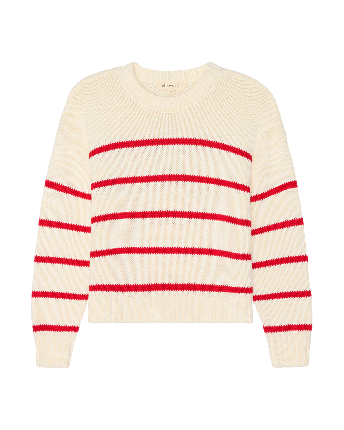 An ivory off-white knit crewneck women's sweater with horizontal red stripes across the chest and sleeves, shown flat against a white background. Elena Crew Sweater in Ivory/Red by Ellsworth + Ivey.