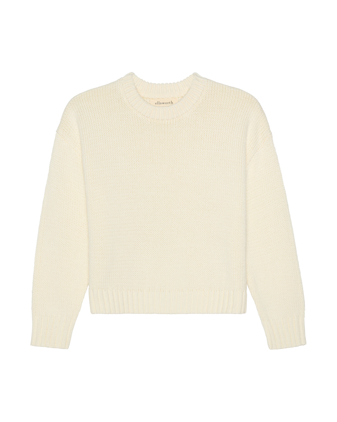 An ivory off-white ribbed knit women's crewneck sweater with long sleeves, displayed flat against a solid white background. Elena Crew Sweater in Ivory by Ellsworth + Ivey.