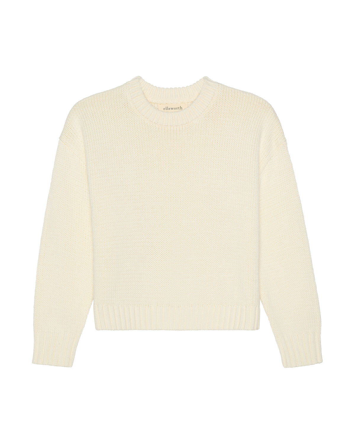 An ivory off-white ribbed knit women's crewneck sweater with long sleeves, displayed flat against a solid white background. Elena Crew Sweater in Ivory by Ellsworth + Ivey.