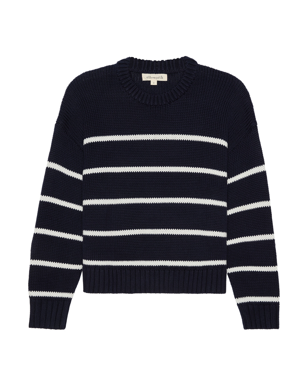 A navy blue and white horizontally striped knit women's sweater with a crew neck, displayed flat against a plain white background.  Elena Crew Sweater in Navy/Ivory by Ellsworth + Ivey.