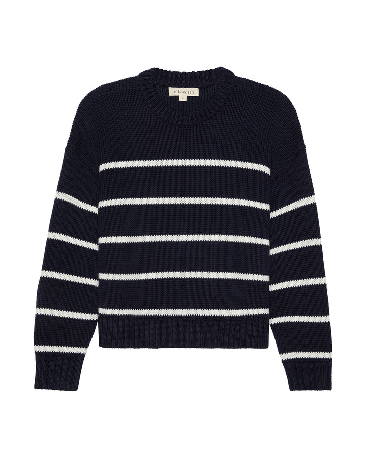 A navy blue and white horizontally striped knit women&