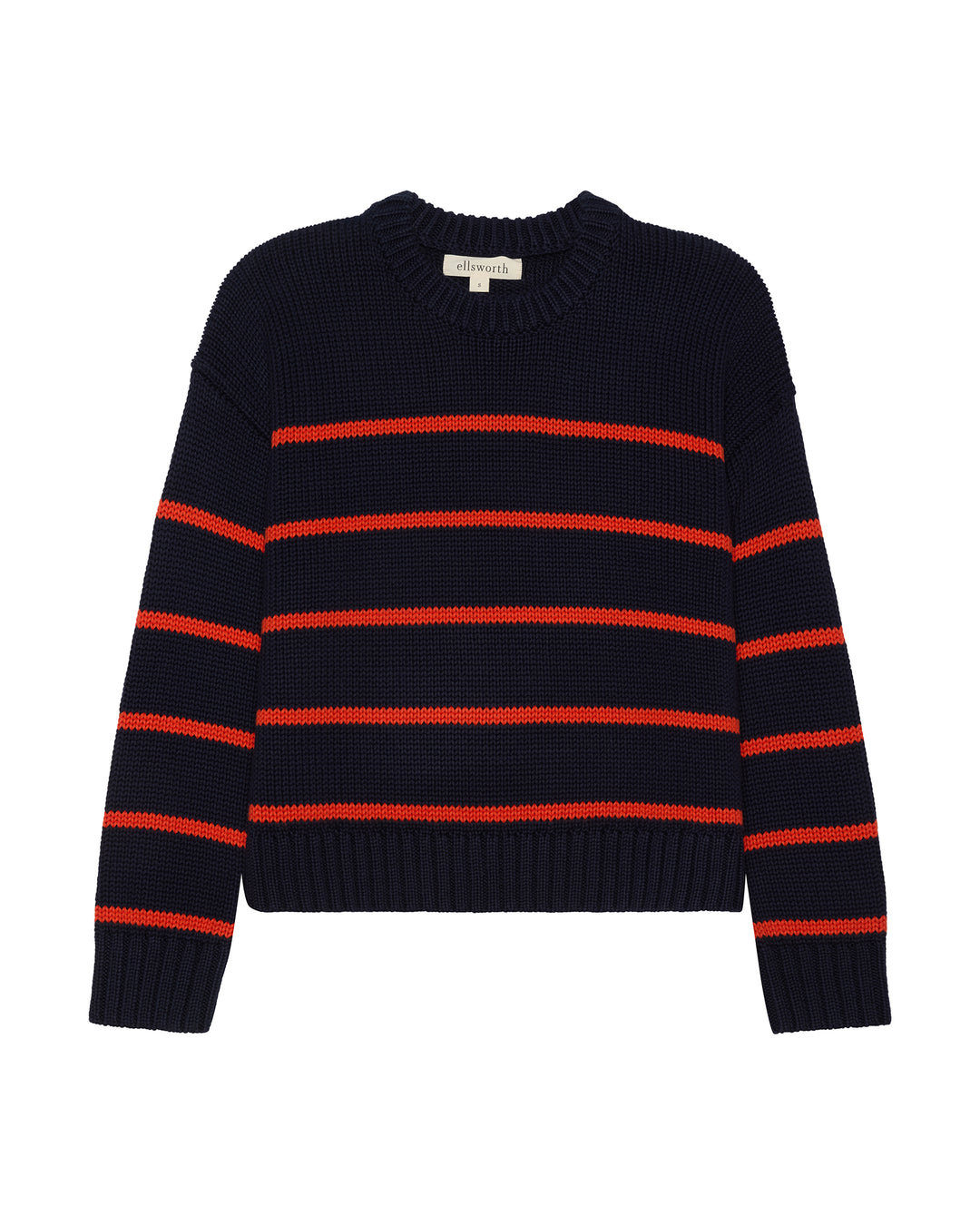 A navy blue knit crewneck women's sweater with horizontal red stripes, displayed flat against a plain white background. Elena Crew Sweater in Navy/Rust by Ellsworth + Ivey.