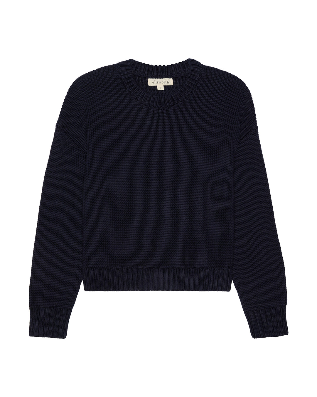 A dark navy blue cropped knit women's sweater with a crew neck, laid flat against a solid white background. Elena Crew Sweater in Navy by Ellsworth + Ivey.